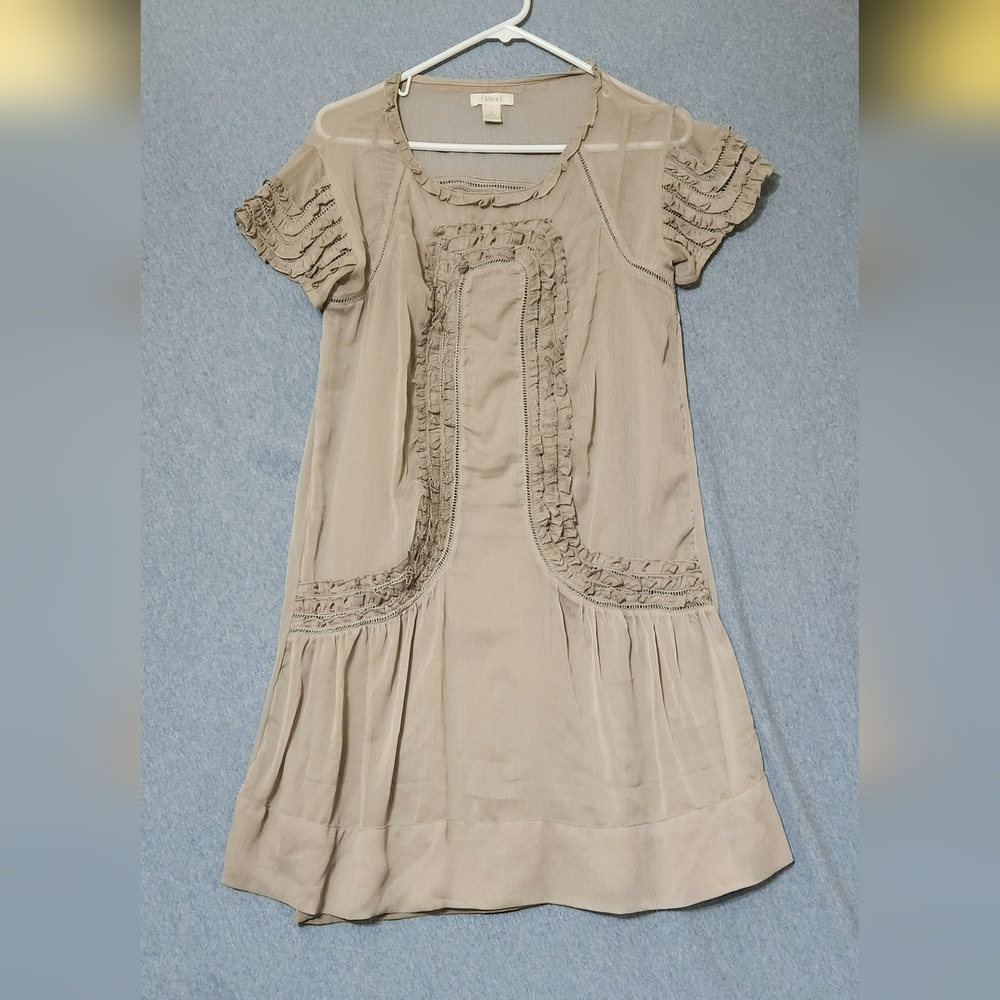 Sfera beige short sleeved sheer ruffled layered mini dress. Size small